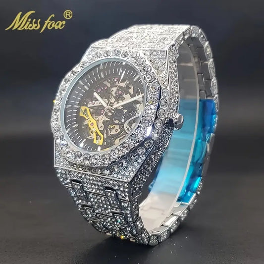 Luxury Men's Automatic Mechanical Watch – Hip-Hop Style, Full Rhinestone Steel, Blue Gem Accents, Transparent Back