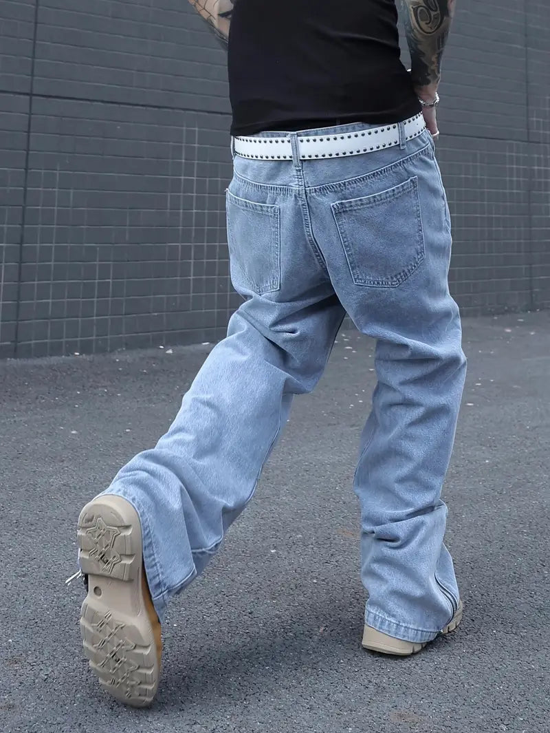 Men’s Multi-Seam Denim Pants – Solid Color Workwear Jeans with Zipper Closure & Regular Fit