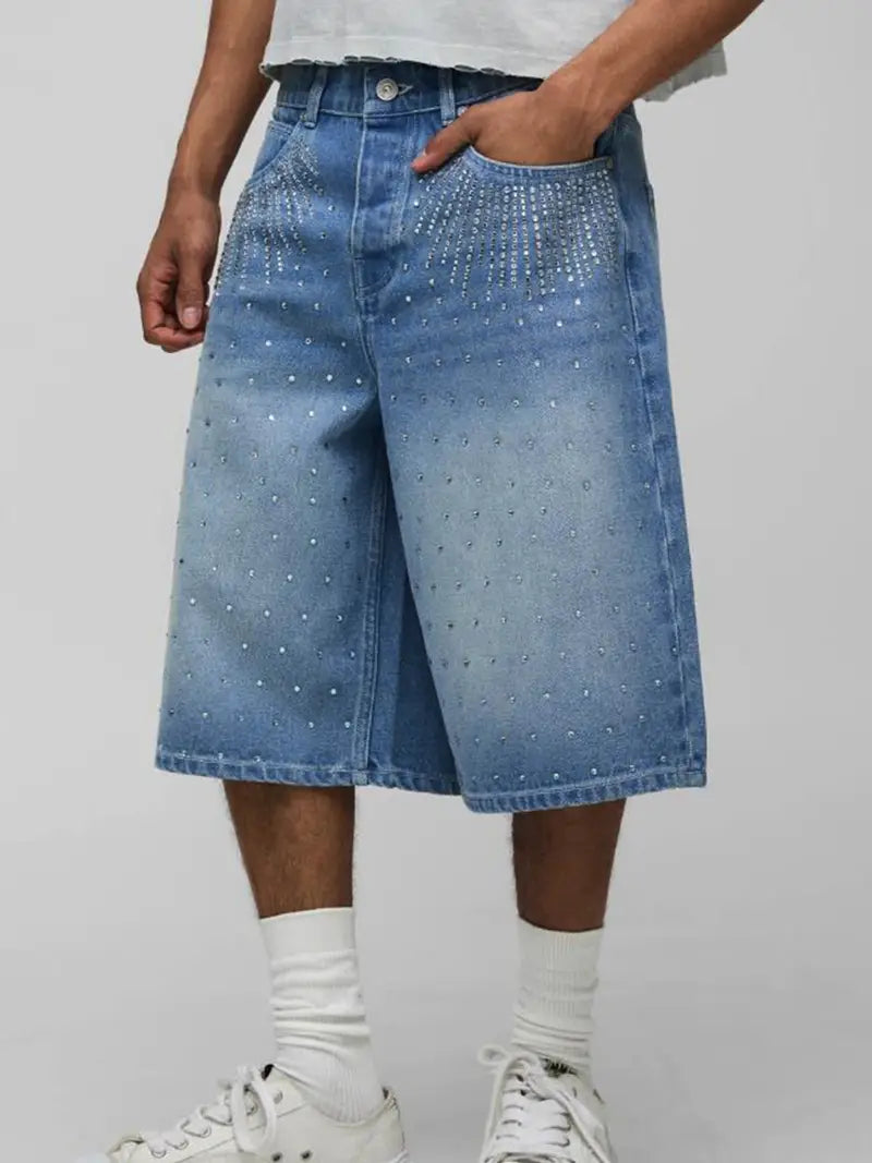 Men’s Knee-Length Denim Shorts – Loose Fit Cropped Jeans with Shiny Details, Belt Loops & Pockets