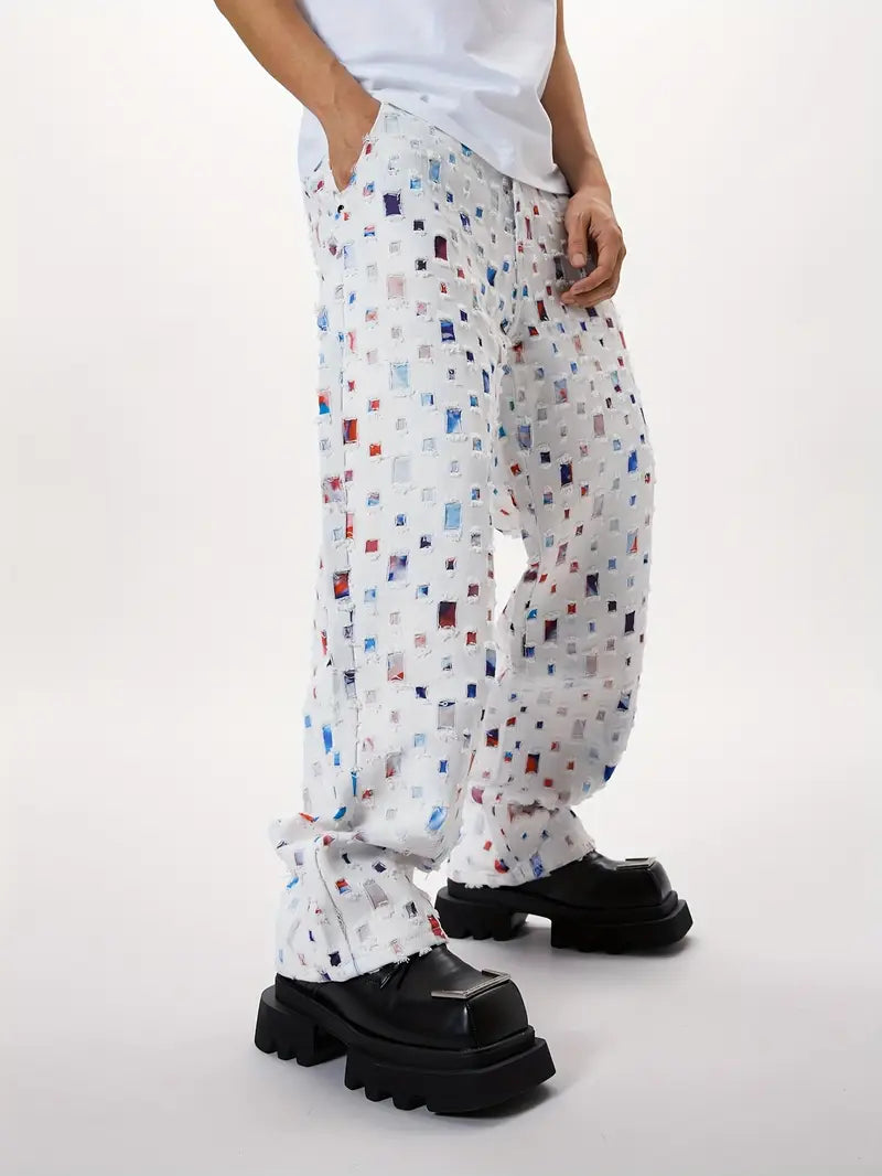 Men’s Baggy White Jeans – Y2K Skateboard Style Straight-Leg Denim with Floral Lattice Print