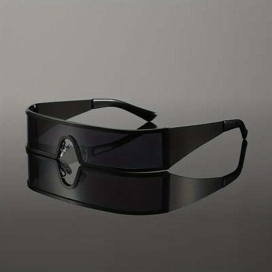 Cyberpunk Wrap-Around Fashion Glasses – One-Piece Metal Frame with Wide-Leg Lens Design, Futuristic Streetwear Eyewear