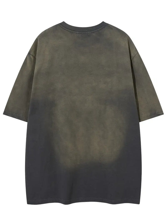 Men's Vintage Washed Tie-Dye T-Shirt Embroidered Letters Loose Fit Crew Neck Short Sleeve Summer Top Khaki