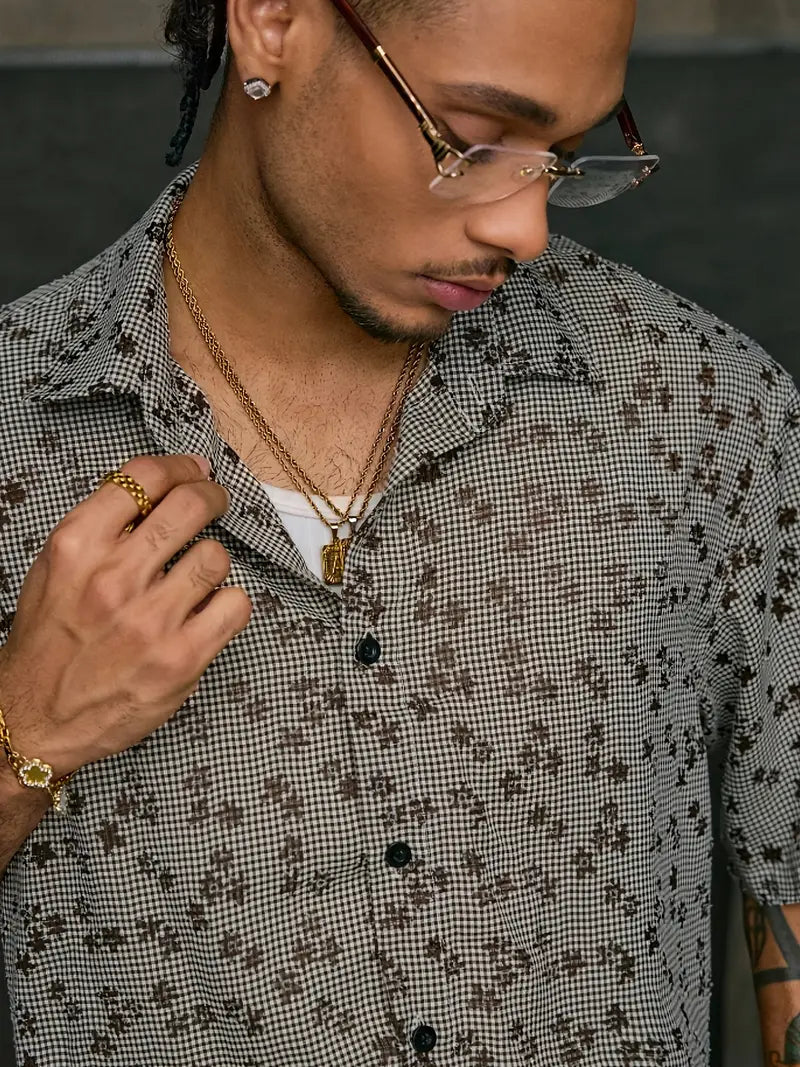 Men's Floral Print Short Sleeve Button-Up Shirt Loose Fit White Collar Brown Accents Summer