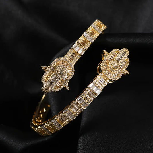 Fatima Hand Bracelet – Hip-Hop Style Palm Design with Synthetic Zirconia, Copper Base, 8-Inch Fit in Golden or Silvery Finish