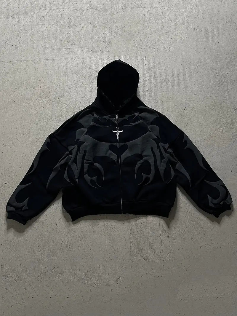 Men's Tribal Zipper Hoodie Loose Fit Streetwear Jacket with Hood Urban Casual Outerwear Orange