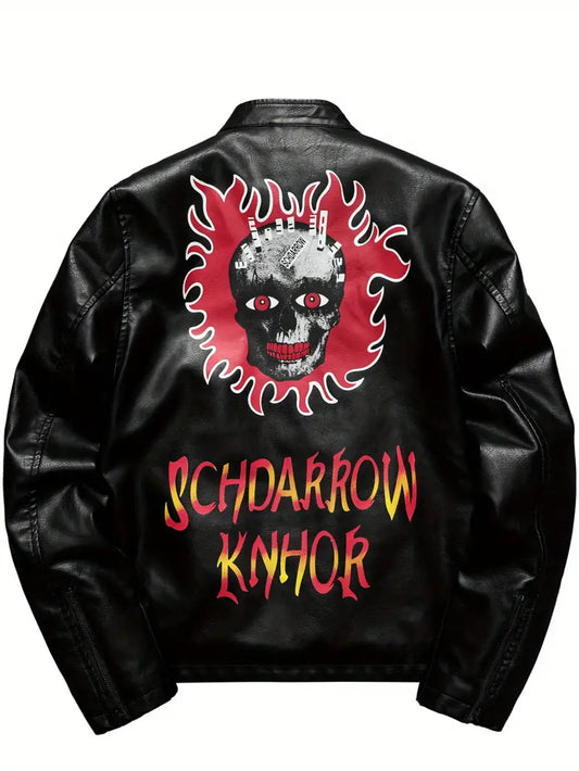 Men’s Black Zip-Up Jacket – Skull & Sun Graphic, “SCHDARROW KNHOR” Print, Streetwear for Autumn/Winter