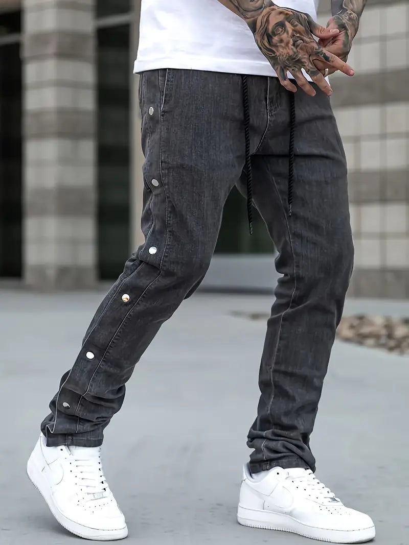 Men’s Flared Streetwear Jeans – Drawstring Waist Faux Denim with Button Closure & Stretch Fit