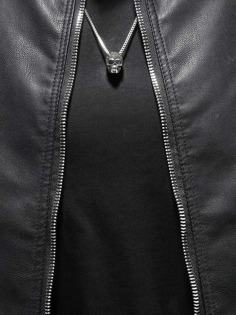 Men's Retro PU Biker Jacket Zip-Up Stand Collar Faux Leather Casual Outerwear for Spring Fall