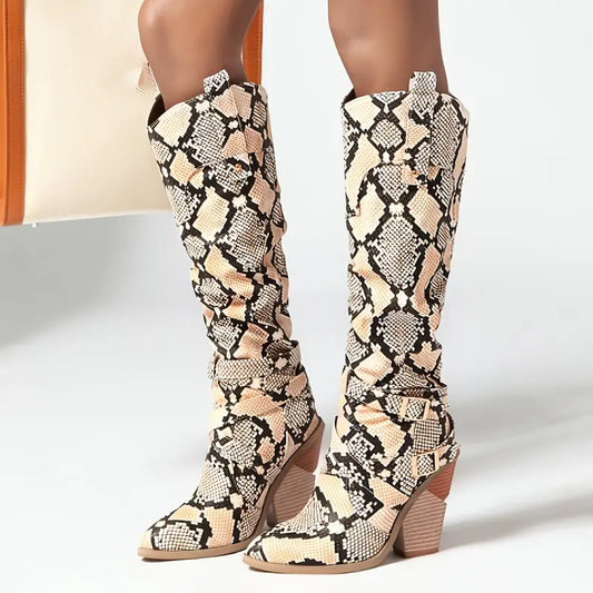 Retro Women’s Knee-High Boots – Slip-On Pointed Toe Chunky Heel with Snake-Pattern PU Upper, Winter Fashion for Streetwear & Photography