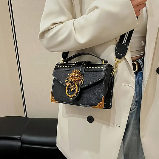 Women’s Elegant Small Square Shoulder Bag – Lion Head Hardware, Zipper Closure, Red/Black PU Handbag for Everyday & Formal Use