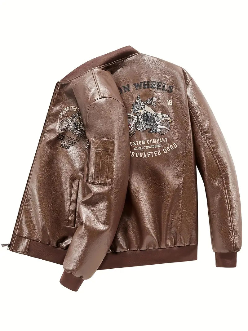 Men's Vintage Bomber Jacket PU Leather Zip-Up Baseball Collar with Patches Brown Glossy Outerwear