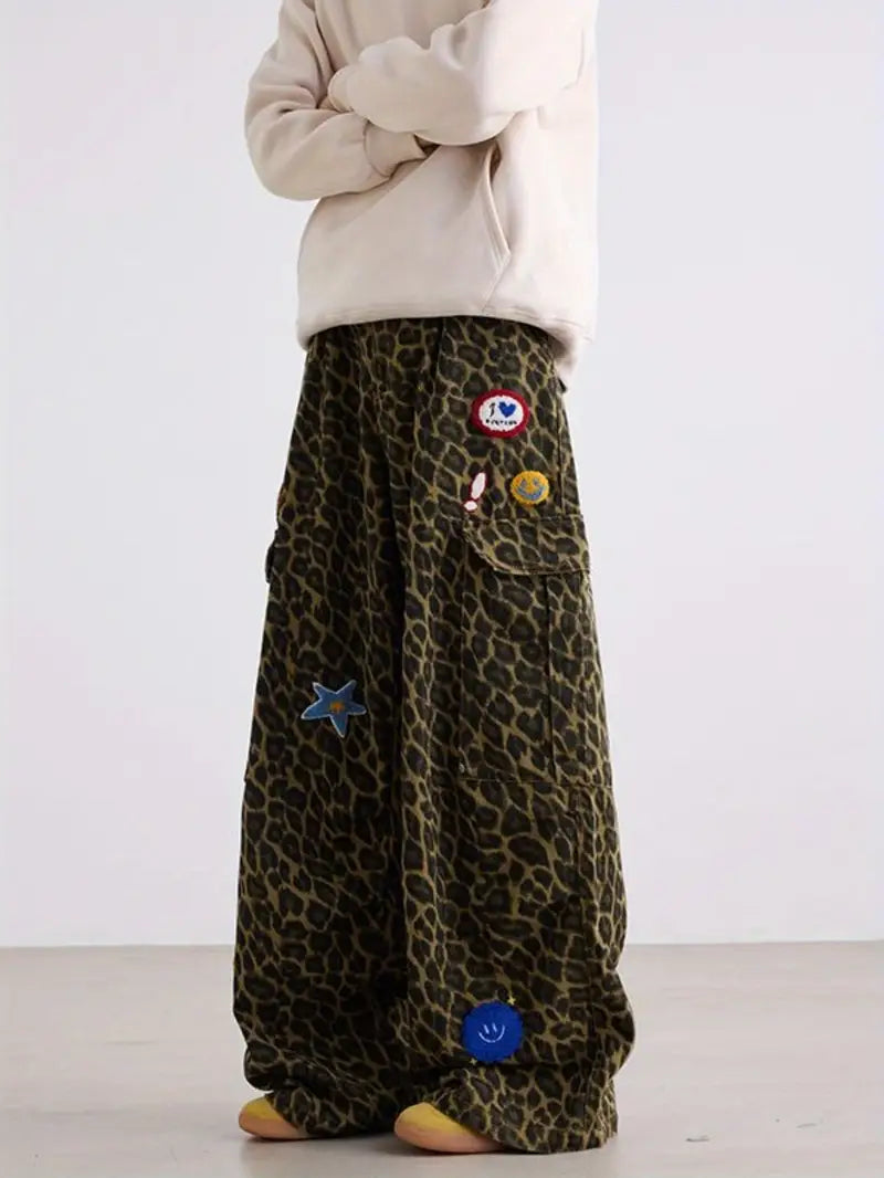 Men’s Leopard Print Wide-Leg Jeans – Washed Faux Denim with Fringe Hem & Zipper Closure, Retro Style