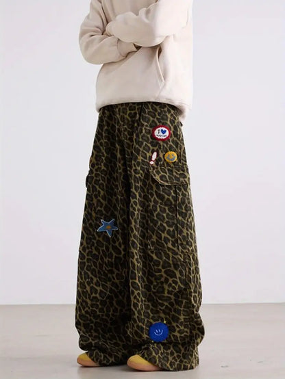 Men’s Leopard Print Wide-Leg Jeans – Washed Faux Denim with Fringe Hem & Zipper Closure, Retro Style