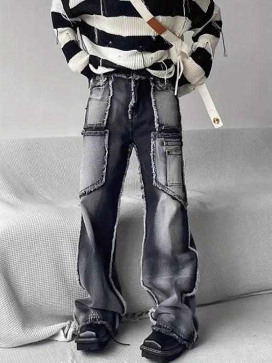 Men’s Distressed Faux Denim Jeans – Loose Straight-Leg Pants with Frayed Hem & Washed Retro Finish