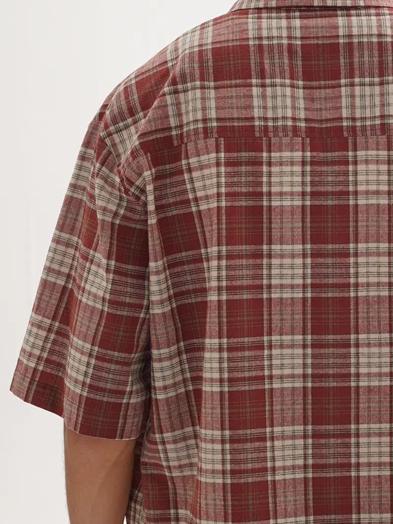 Men's Beige Blue Black Plaid Cropped Shirt Oversized Button-Up Relaxed Fit Short Sleeve Casual Top