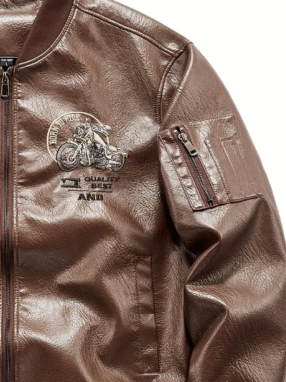 Men's Vintage Bomber Jacket PU Leather Zip-Up Baseball Collar with Patches Brown Glossy Outerwear Brown