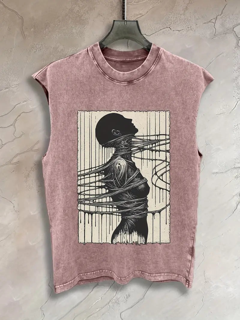 Men’s 230GSM Washed Sleeveless Muscle Tank – Human Body Line Art Print, Loose Fit Gym & Streetwear Vest