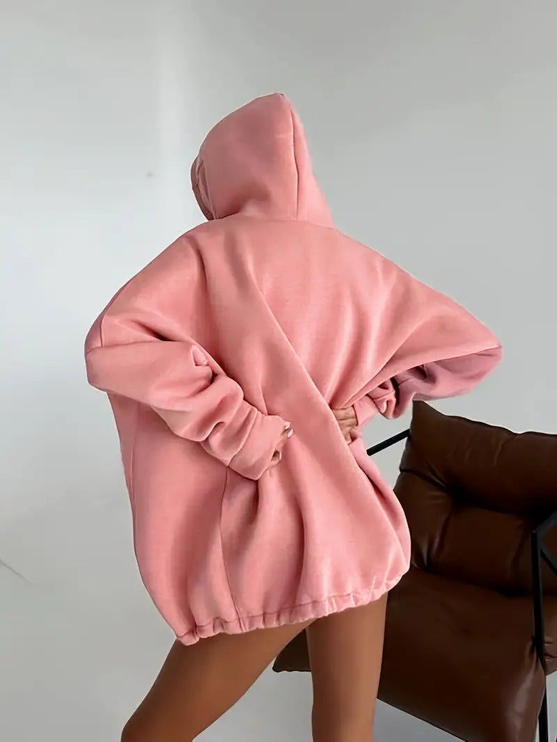 Women's Plus Size Oversized Pink Hoodie Cozy Polyester Blend Pullover with Drawstring Hood Casual Winter Sweatshirt Peach