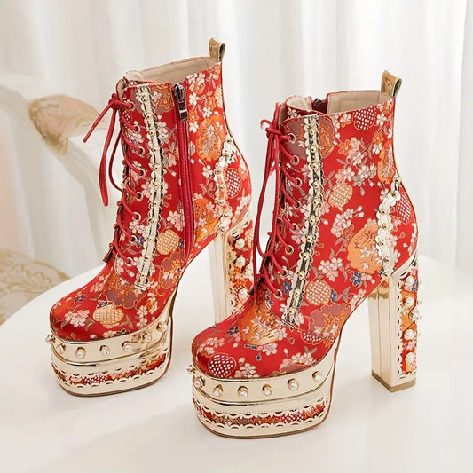Women’s Floral Platform Boots – Thick High Heel with Gemstone Accents, Red Fabric Round Toe Cowgirl Boots for Casual & Formal Events