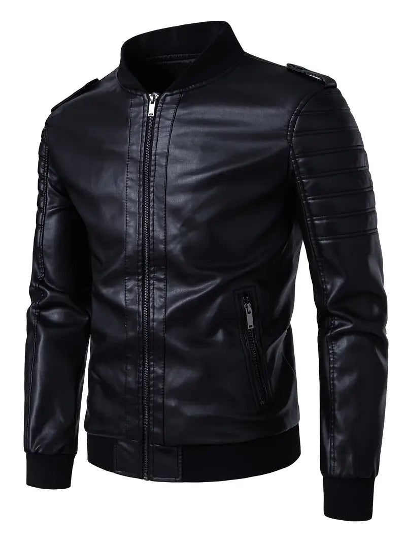 Men's Black PU Leather Jacket Zip-Up Baseball Collar Motorcycle Outerwear for Urban & Formal Wear