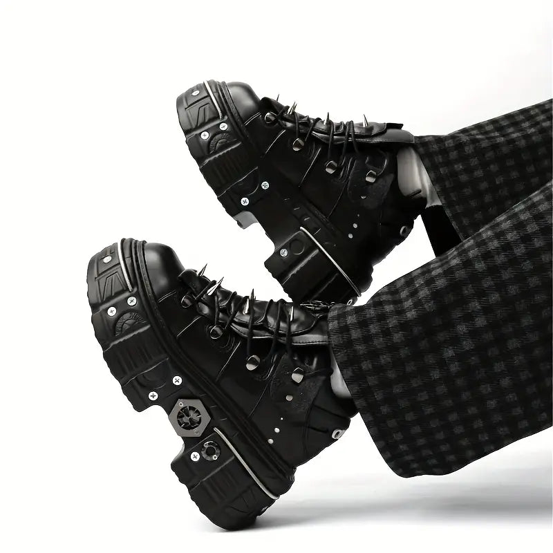 Unisex Punk Rivet-Studded Combat Sneakers – Gothic Black Platform Shoes with Metallic Accents