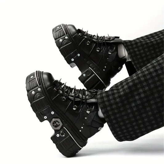 Unisex Punk Rivet-Studded Combat Sneakers – Gothic Black Platform Shoes with Metallic Accents