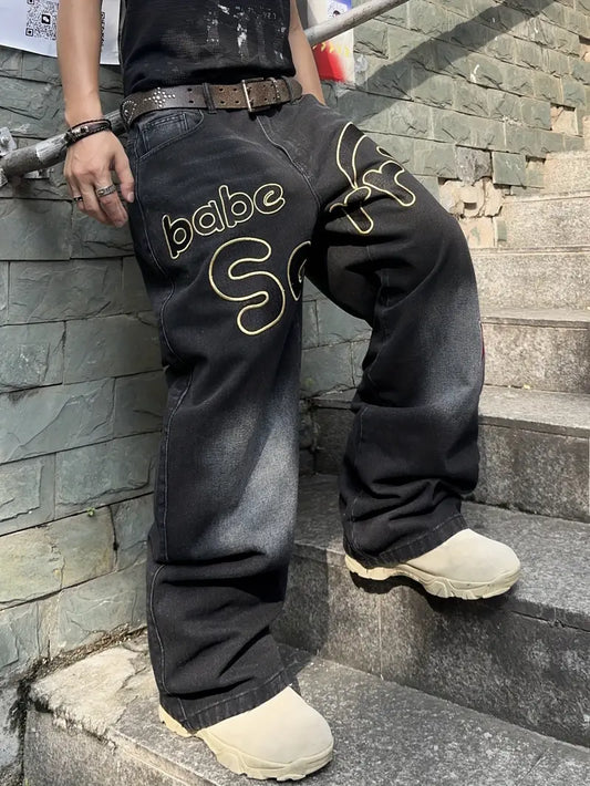 Men’s Trendy Loose Jeans – Letter Embroidered, High Street Style (No Belt, No Hanging Decoration)