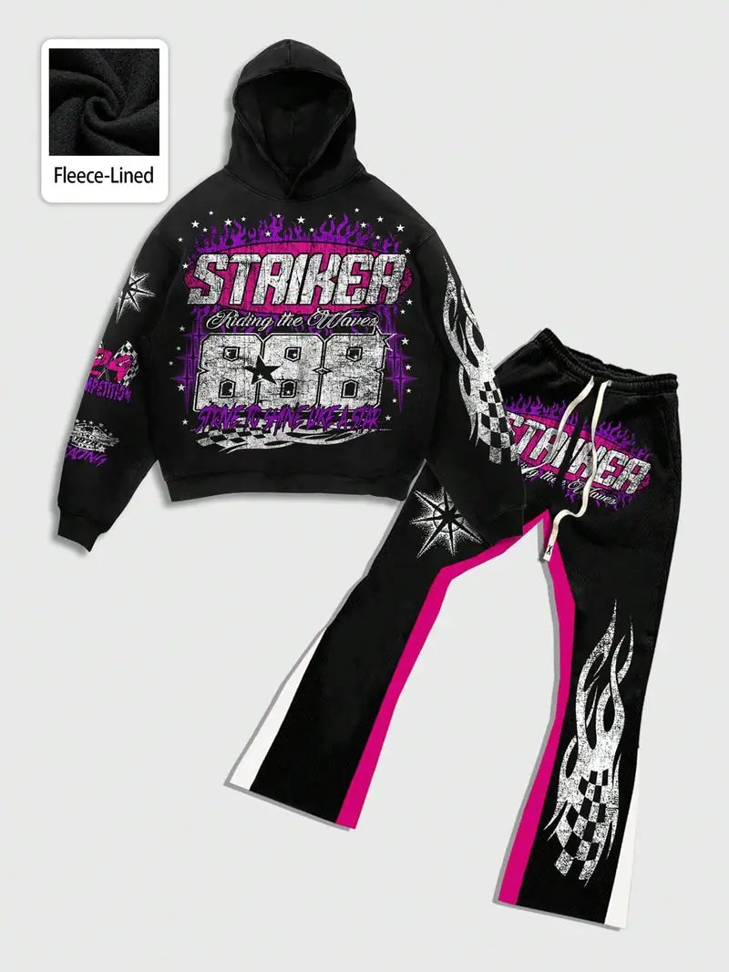 Men’s Black Hoodie Set – Pink & White Graphic Print Sweatshirt and Flared Pants for Streetwear