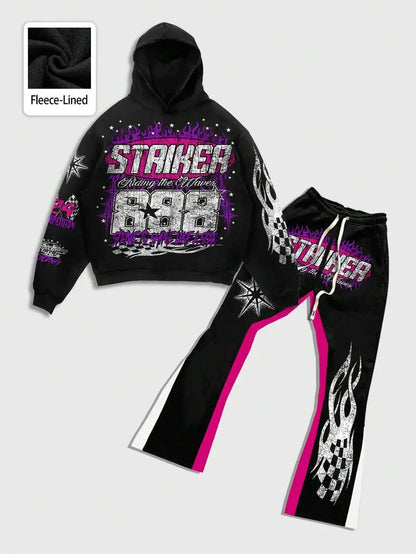 Men’s Black Hoodie Set – Pink & White Graphic Print Sweatshirt and Flared Pants for Streetwear