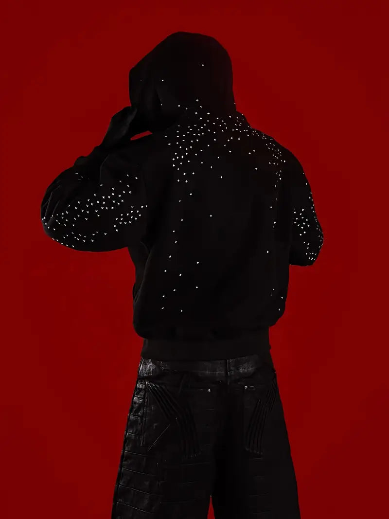 Gothic Star Rhinestone Hoodie – Black Zipper Hooded Sweatshirt, Unisex Loose-Fit Streetwear for Concerts, Parties & Everyday Fashion