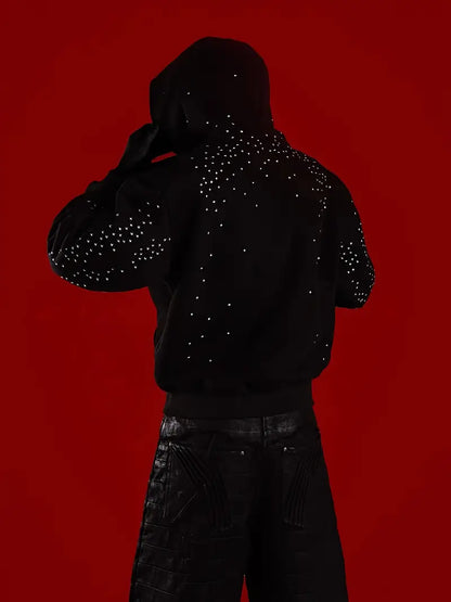 Gothic Star Rhinestone Hoodie – Black Zipper Hooded Sweatshirt, Unisex Loose-Fit Streetwear for Concerts, Parties & Everyday Fashion