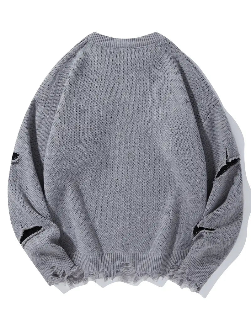 Men's Distressed Knit Sweater – Casual Pullover, Ripped Detail, Loose Fit Streetwear for Fall/Winter Grey