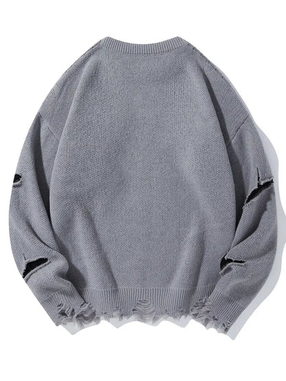 Men's Distressed Knit Sweater – Casual Pullover, Ripped Detail, Loose Fit Streetwear for Fall/Winter Grey