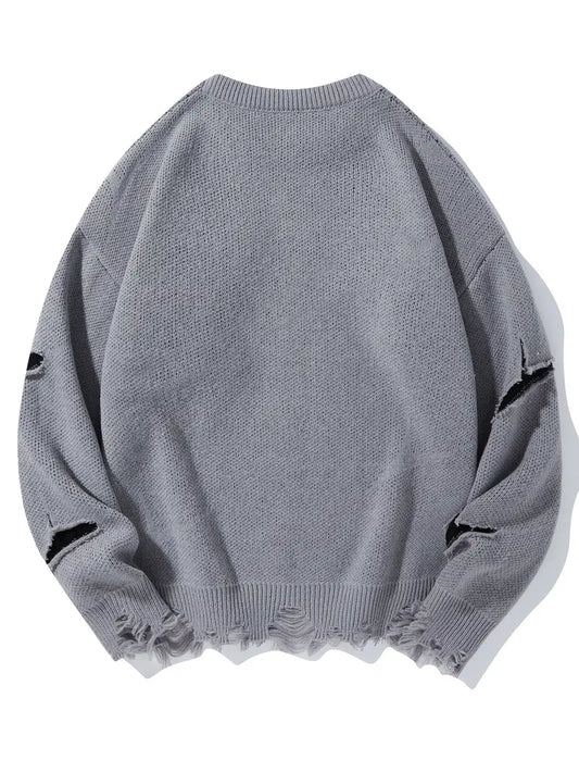 Men's Distressed Knit Sweater – Casual Pullover, Ripped Detail, Loose Fit Streetwear for Fall/Winter Grey