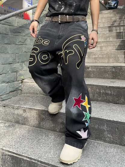 Men’s Trendy Loose Jeans – Letter Embroidered, High Street Style (No Belt, No Hanging Decoration)
