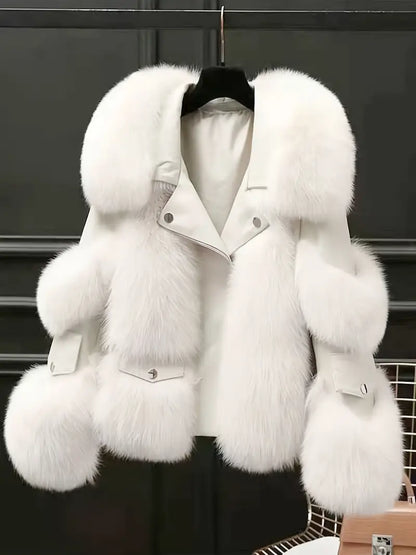 Women's Elegant Faux Fur Coat with Plush Collar Full-Length Winter Jacket Soft Lining Grey Black