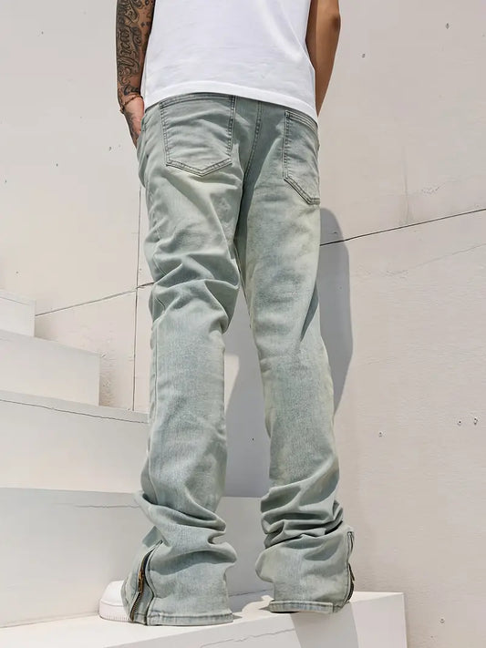 Men’s Flared Stretch Denim Jeans – Washed Blue Bell-Bottom Pants with Zipper Closure & Streetwear Fit