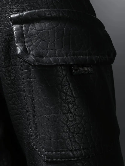 Men's Windproof PU Leather Jacket Stand Collar Zipper Casual Outerwear for Autumn Winter