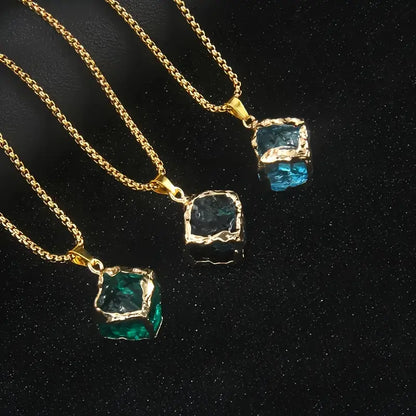 Plated Stainless Steel Necklace – Crystal Cube Pendant, Polychrome Finish, Fashion Jewelry Gift for Women & Teens