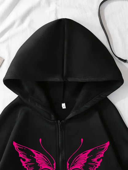 Women's Print Fleece-Lined Hooded Jacket Black with Pink Graphic Zip-Up Front Drawstring Hood Side Pockets