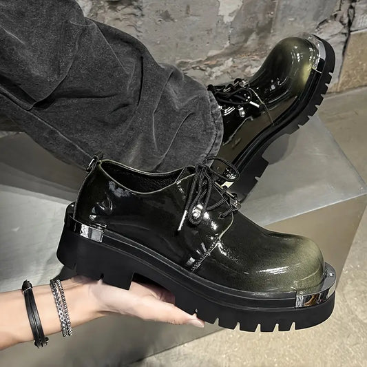 Men's Low-Top Lace-Up Boots – Glossy Multi-Color Ankle Shoes, PU Upper, Streetwear & Casual Style