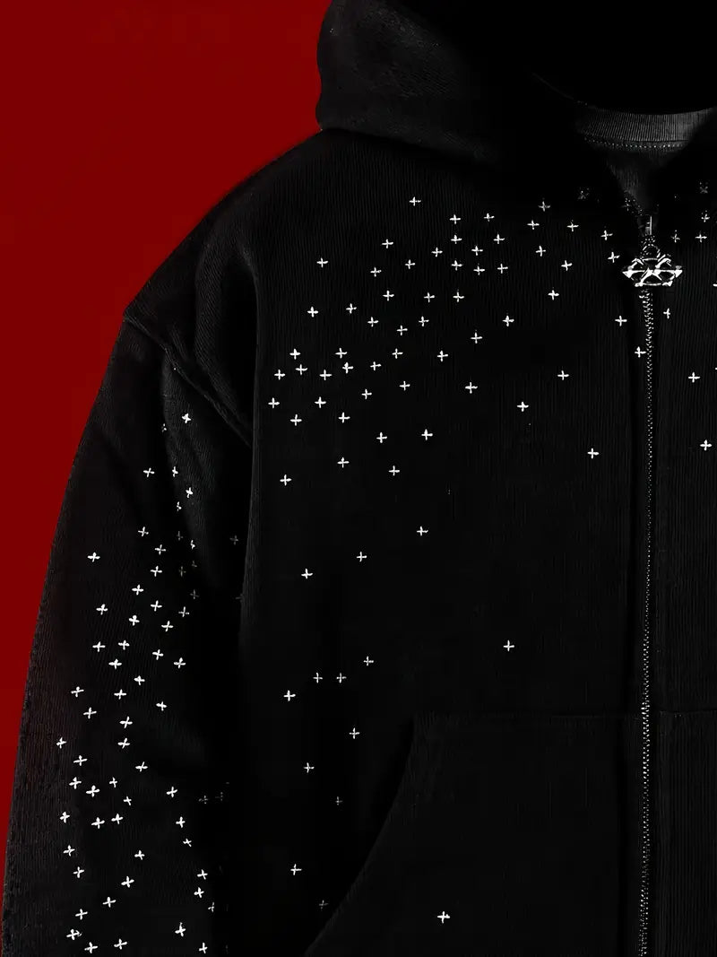 Gothic Star Rhinestone Hoodie – Black Zipper Hooded Sweatshirt, Unisex Loose-Fit Streetwear for Concerts, Parties & Everyday Fashion