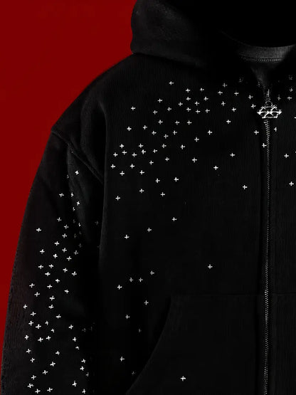Gothic Star Rhinestone Hoodie – Black Zipper Hooded Sweatshirt, Unisex Loose-Fit Streetwear for Concerts, Parties & Everyday Fashion
