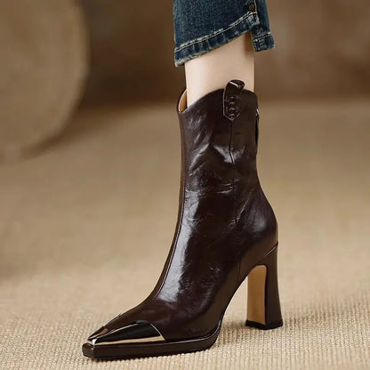 Women's Chunky Heel Ankle Boots Pointed Toe High Heeled Shoes with Back Zipper Closure Synthetic Cover Cushioned EVA Insole Non-Slip Rubber Outsole Elegant Booties for Fall Winter Office Party Wear Black
