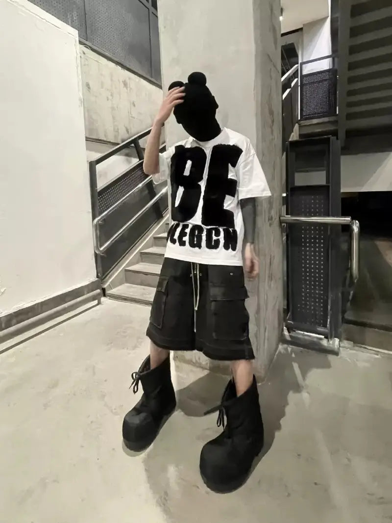 Men’s Distressed Denim Shorts – Loose Fit Workwear with Frayed Hem & Multi-Pocket Industrial Style