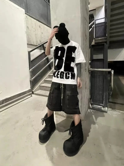 Men’s Distressed Denim Shorts – Loose Fit Workwear with Frayed Hem & Multi-Pocket Industrial Style