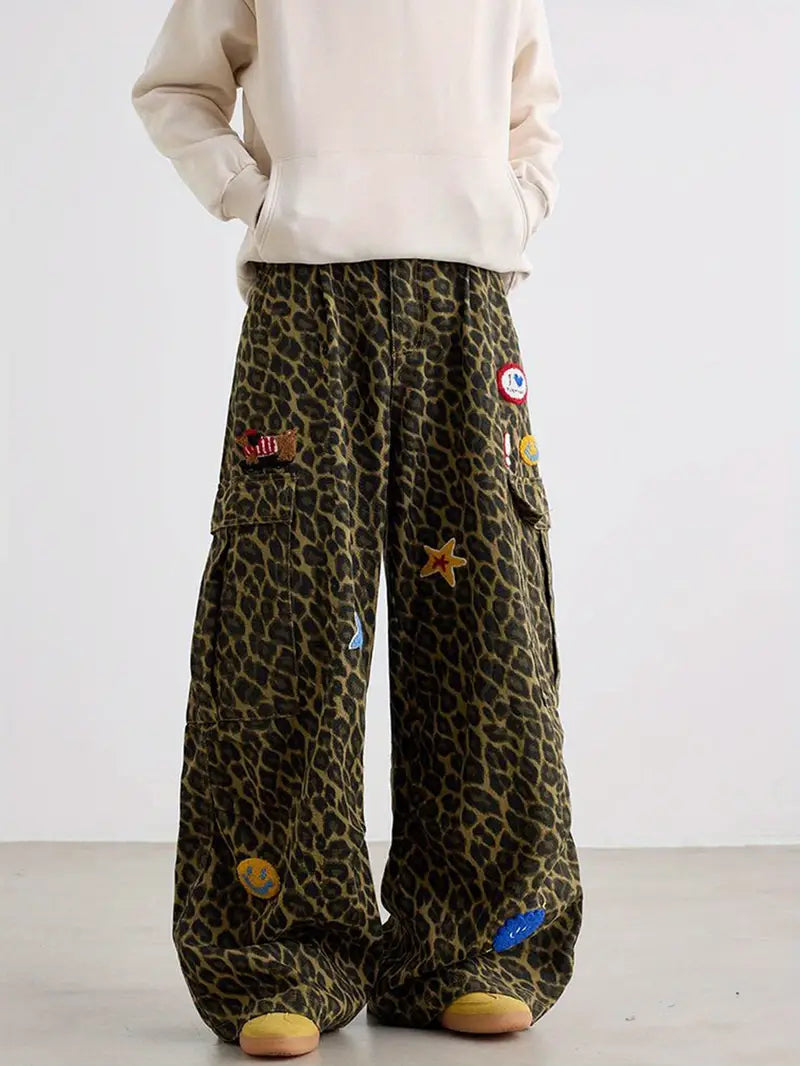 Men’s Leopard Print Wide-Leg Jeans – Washed Faux Denim with Fringe Hem & Zipper Closure, Retro Style