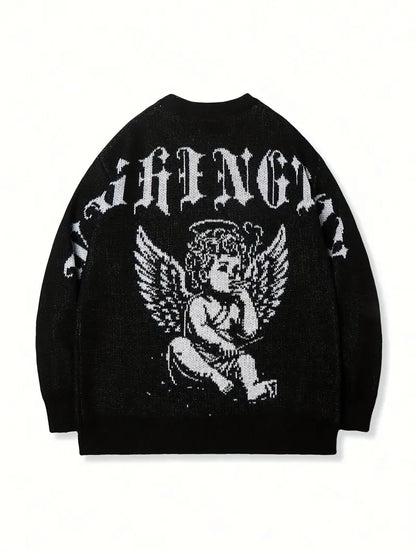 Angel Cartoon Knit Sweater – Men's Jacquard Pullover, Retro Casual Fall Winter Streetwear