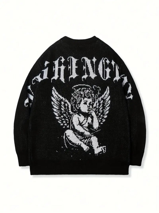 Angel Cartoon Knit Sweater – Men's Jacquard Pullover, Retro Casual Fall Winter Streetwear