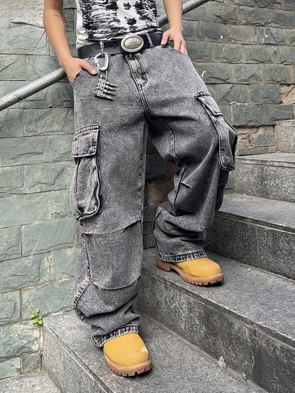 Men’s Solid Color Wide-Leg Jeans – Regular Fit Denim with Raw Hem & Button Closure for All-Season Wear